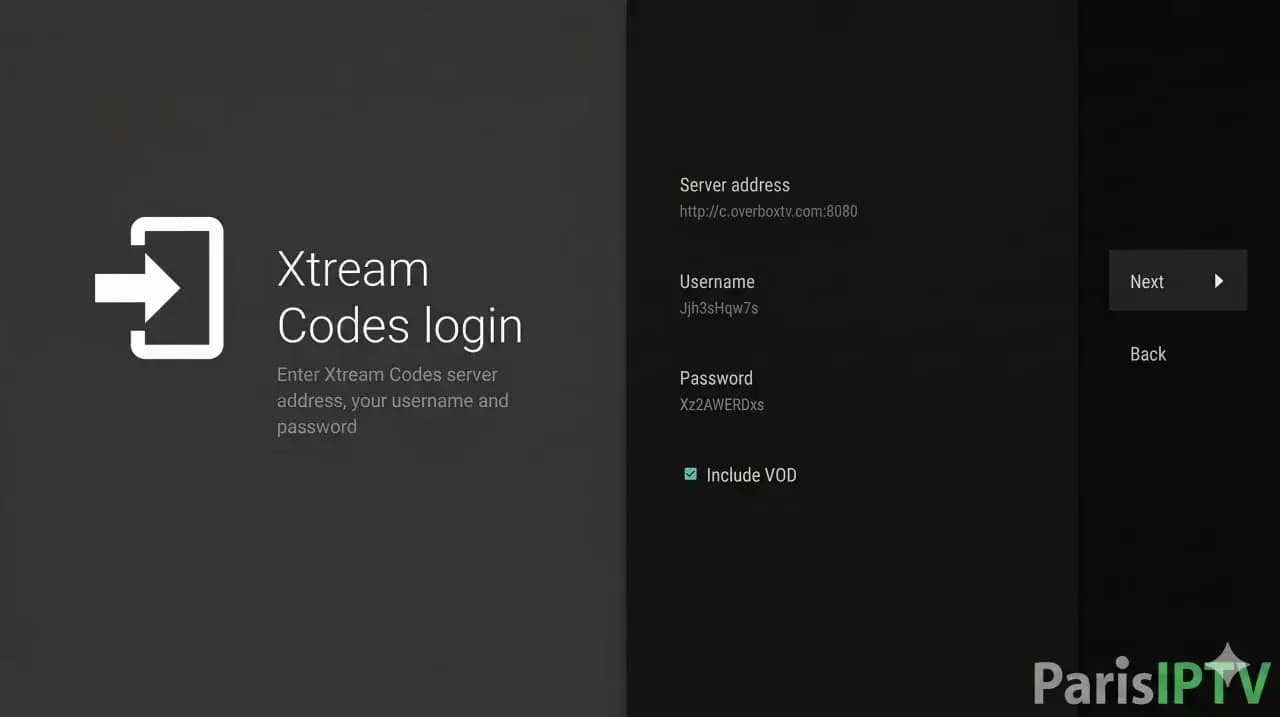 Écran de connexion Xtream Codes sur TiviMate